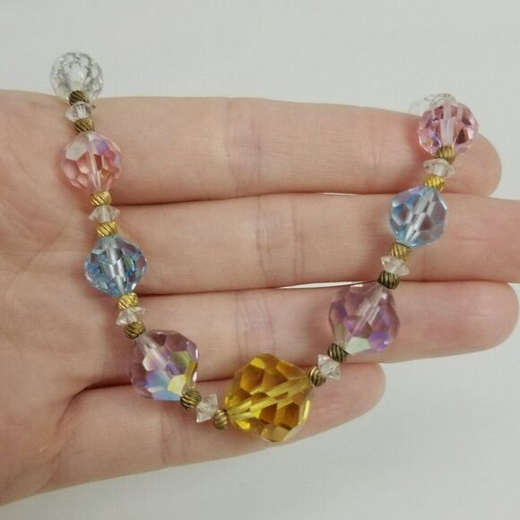 Vintage Colorful Glass Beaded Necklace, Pastel Rainbow Faceted Beads, 14 Inches - Picture 6 of 8
